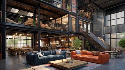 An expansive container home living room, with high ceilings, a large sectional couch, and an industrial-style metal staircase leading to a loft.