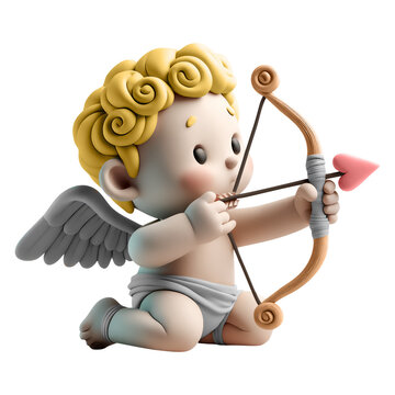 Sculpted Clay 3D Cupid Kneeling with Bow and Arrow Isolated on Transparent Background