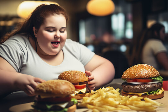 Fat girl eating hamburger in fast food restaurant. A girl with an obese body sits at table with bunch of hamburgers and fast food. Overweight girl eating burger. Obesity, weight problems and diabetes