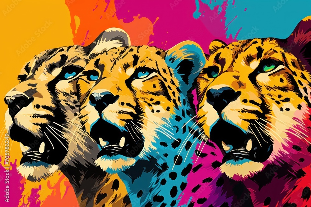 Poster  a group of three cheetah standing next to each other in front of a colorful background of paint splattered on the side of the image of the cheetah cheetah.