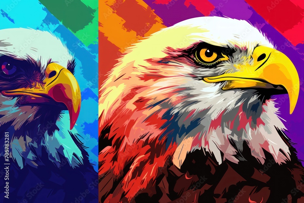 Poster a painting of two bald eagle's with different colors of the same eagle's head and the same bald eagl