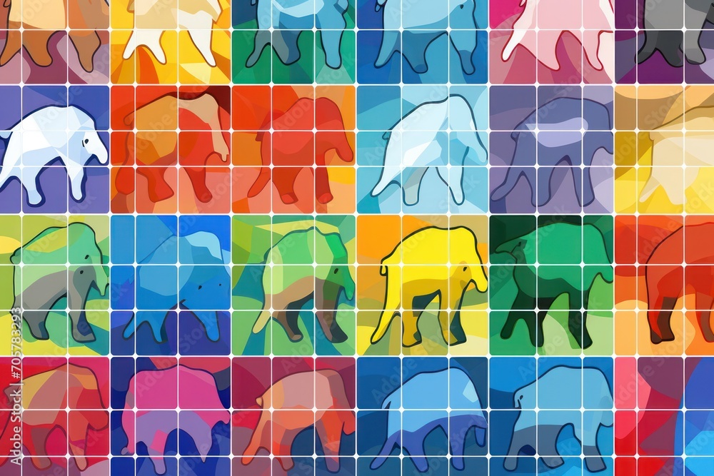 Poster a bunch of different colored elephants in a square pattern with a white elephant in the middle of th