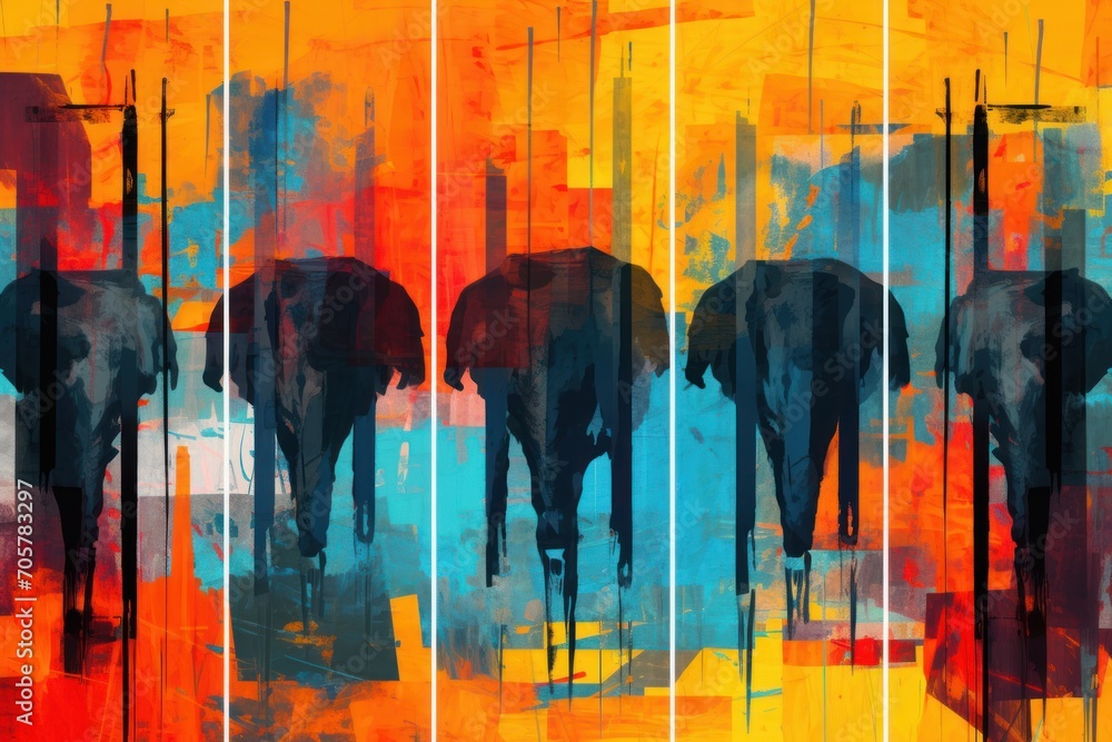 Poster a painting of three elephants walking in front of an orange, blue, yellow, and red background with v
