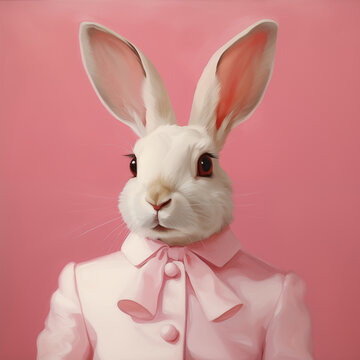 Art painting portrait of white bunny wearing a pink dress on pink background. Art concept. 