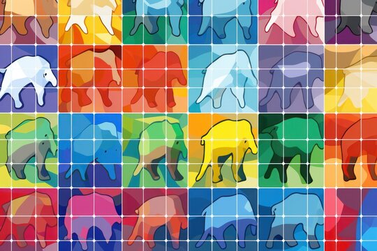  a bunch of different colored elephants in a square pattern with a white elephant in the middle of the picture and a red elephant in the middle of the picture in the middle of the picture.