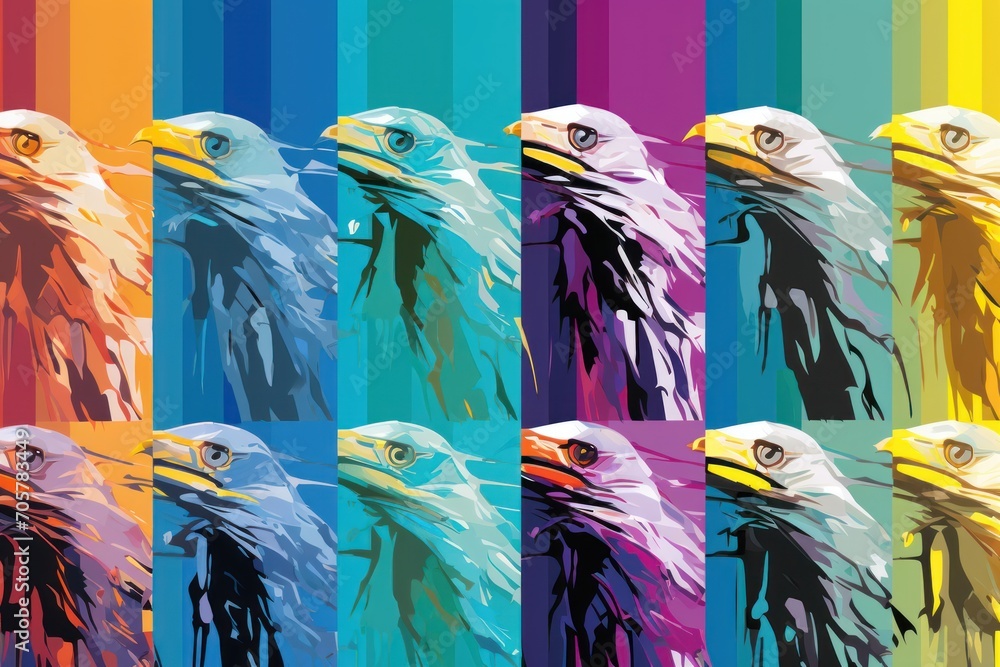 Poster a close up of a group of birds with different colors of the same bird on a multi - colored striped b