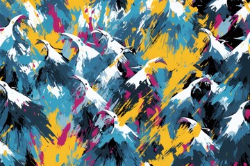  a painting of a crowd of people in blue, yellow, pink, and white paint splattered with black and white paint on a yellow background of blue, pink, yellow, blue, white, pink, and black, and yellow.