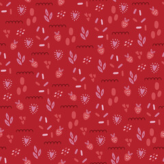 Valentine's Day seamless pattern with hearts, strawberries, leaves, geometric shapes