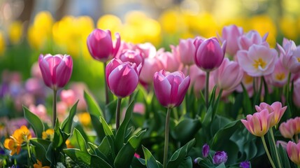 Fototapeta premium Pink Tulip flowers bloom in spring, displaying beautiful colors and radiating freshness. 