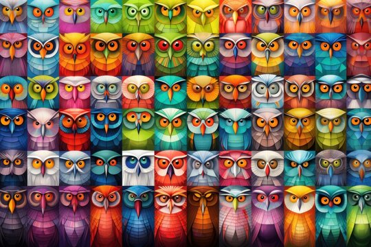  a group of colorful owls sitting next to each other on top of a pile of other colorful owls on top of a pile of other colorful owls on top of them.