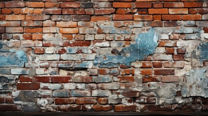  a close up of a brick wall with paint chipping off of the top and bottom of the wall and the bottom part of the wall missing part of the wall.