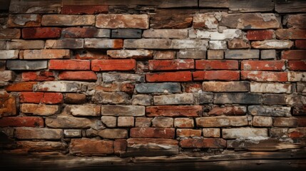  a close up of a brick wall that has been made of red, brown, and white bricks with a black cat sitting on the side of the brick wall.