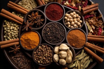 Variety of Indian chai spices. Top view - obrazy, fototapety, plakaty