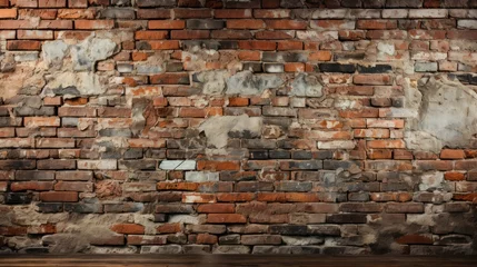 Fototapeten  a brick wall with a wooden floor in the foreground and a wooden floor in the foreground, with a brick wall in the background, and a wooden floor in the foreground. © Nadia