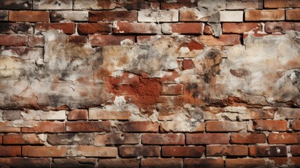  a close up of a brick wall with a red and white paint chipping off the top of the brick and the bottom of the wall has been chipped off.