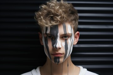 Boy with striped paint over face, concept of guilt or shame