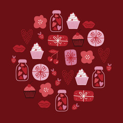 Valentine's Day greeting card with cupcakes, flowers, lips, hearts, gifts