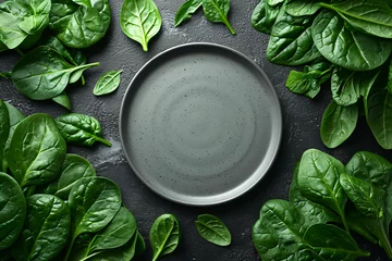 Foto op Plexiglas Frame made of spinach leaves and plate on white surface. Spinach leaf background. Creative food concept. Flat lay, top view  © HejPrint