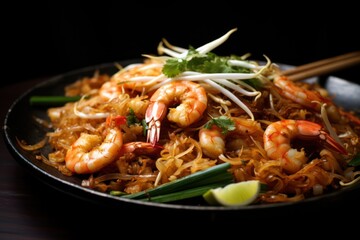  a close up of a plate of food with shrimp, noodles, and garnishes on a black plate with chopsticks on a wooden table with a black background.