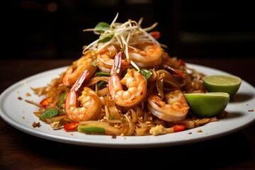  a close up of a plate of food with shrimp, noodles, and garnishes on top of a wooden table with a lime slice on the side.