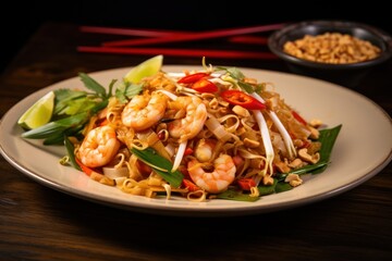  a close up of a plate of food on a table with chopsticks and a bowl of food on the side of the plate and a bowl of food in the background.