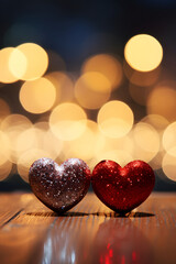 Obraz premium Close-up photo of a pair of red hearts on a table with a blurred garland in the evening background. Symbol of a romantic date for Valentine's Day or wedding. Design for banner, poster, invitation.