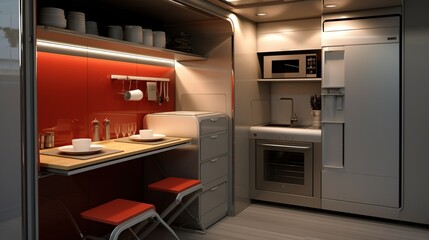 A compact and efficient container home kitchen, with high-tech appliances, under-cabinet lighting, and a fold-down dining table.
