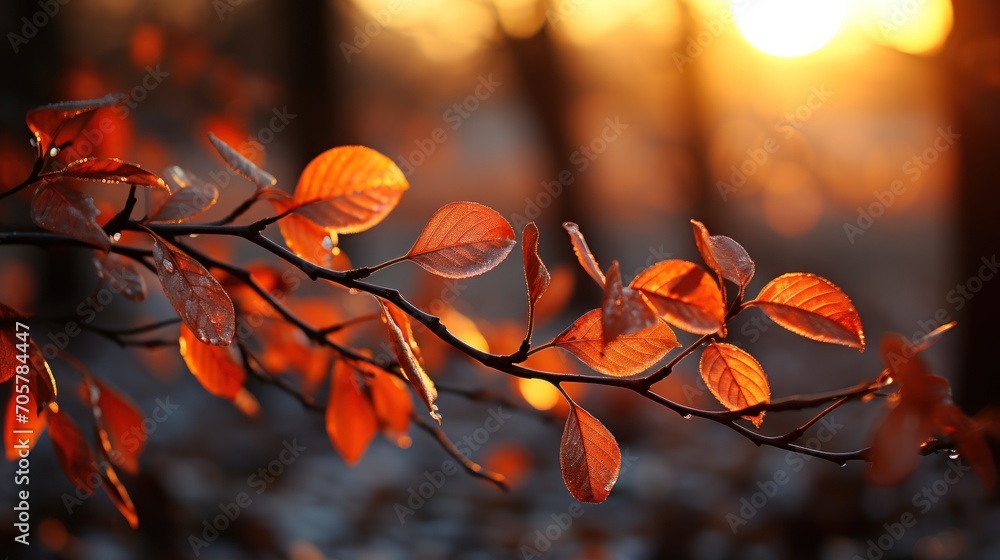 Poster a close up of a branch with leaves in the foreground and a setting sun in the background, with a blu