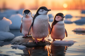  a group of three penguins standing on top of an ice floet with the sun shining down on the ice floet and the water in the background.