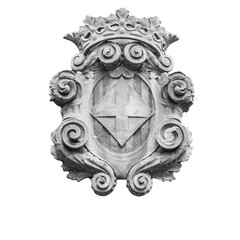 Ornamental carved stone emblem isolated png. Old building relief on Barcelona street on white background