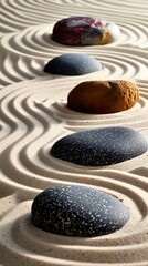 Fototapeta na wymiar Japanese garden. Grey, Black smooth stones laid on Sand waves. Zen. Meditation. Concept balance, peace, calm, harmony. Minimalism. Relax. Spa atmosphere. Natural background. Copy space. Ai art