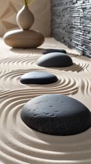 Fototapeta na wymiar Japanese garden. Grey, Black smooth stones laid on Sand waves. Zen. Meditation. Concept balance, peace, calm, harmony. Minimalism. Relax. Spa atmosphere. Natural background. Copy space. Ai art