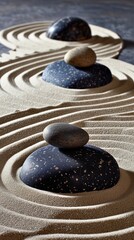 Japanese garden. Pyramid of Grey, Black smooth stones laid on Sand waves. Zen. Meditation. Concept balance, peace, calm, harmony. Minimalism. Relax. Spa atmosphere. Natural background. Copy space. 3D