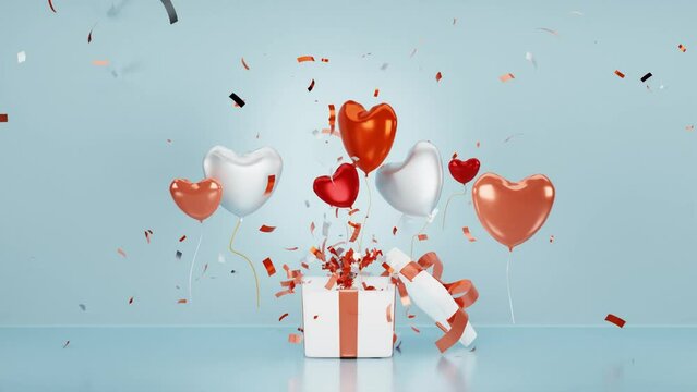 Colorful heart shape balloons and confetti flying from gift box. Anniversary celebration concept. 3D animation
