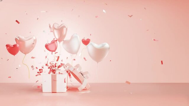 Colorful heart shape balloons and confetti flying from gift box. Anniversary celebration concept. 3D animation
