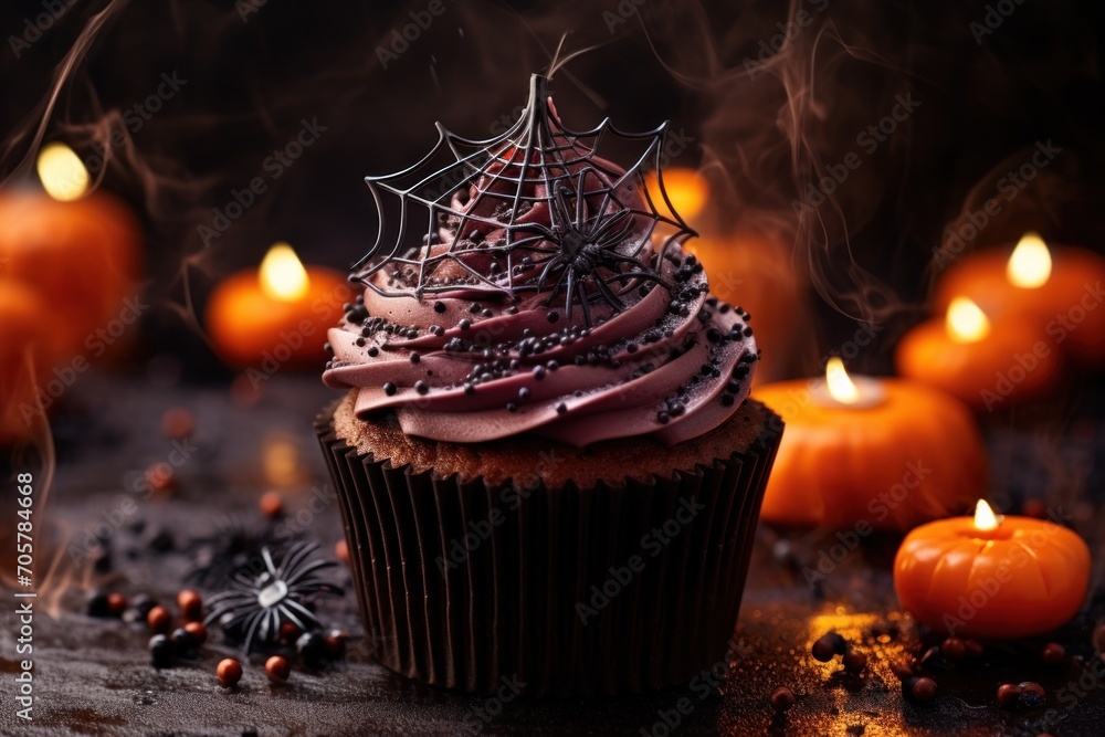 Poster a cupcake sitting on top of a table covered in frosting and sprinkles next to a spider web on top of