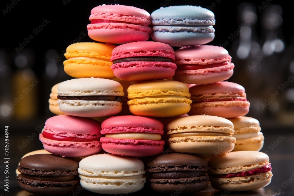 Poster a stack of macaroons sitting on top of each other in front of a bottle of wine and a glass of wine o