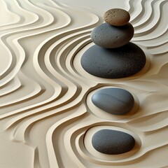Japanese garden. Pyramid of Grey, Black smooth stones laid on Sand waves. Zen. Meditation. Concept balance, peace, calm, harmony. Minimalism. Relax. Spa atmosphere. Natural background. Copy space. 3D