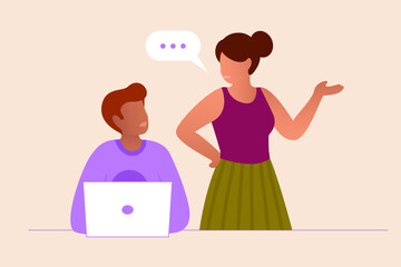 Illustration vectorielle de deux personnes travaillant sur un ordinateur et discutant