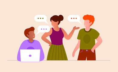 Illustration vectorielle de trois personnes discutant et travaillant sur un ordinateur