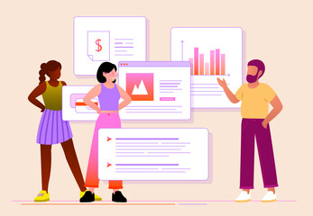 Illustration vectorielle de trois personnes discutant et faisant une présentation pour le travail