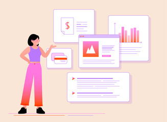 Illustration vectorielle d'une jeune femme faisant une présentation pour le travail