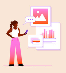 Illustration vectorielle d'une jeune femme noire regardant son portable pour le travail
