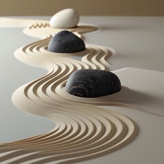 Japanese garden. Grey, Black smooth stones laid on Sand waves. Zen. Meditation. Concept balance, peace, calm, harmony. Minimalism. Relax. Spa atmosphere. Natural background. Copy space. Ai art
