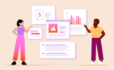 Illustration vectorielle d’un homme et d'une femme discutant et faisant une présentation pour le travail