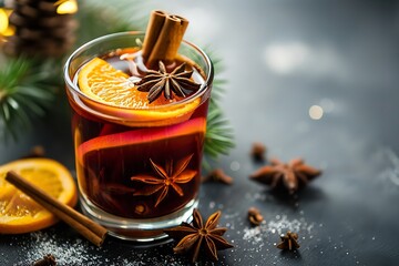 Wintertime hot juice serving size with spices, mulled red wine glass, oranges, star anise, Generative AI.