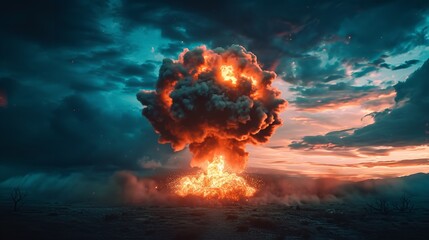 A nighttime nuclear detonation shock wave and stormy sky with a nuclear fungi in the backdrop, Generative AI. - obrazy, fototapety, plakaty