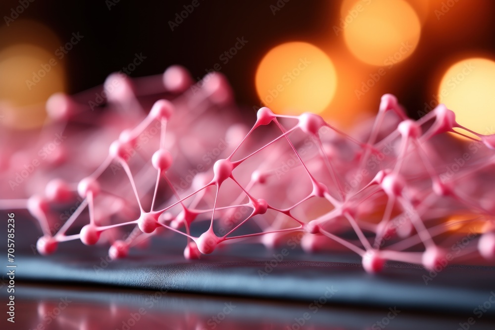 Poster a close up of a pink object on a table with blurry lights in the background and a blurry image of a 
