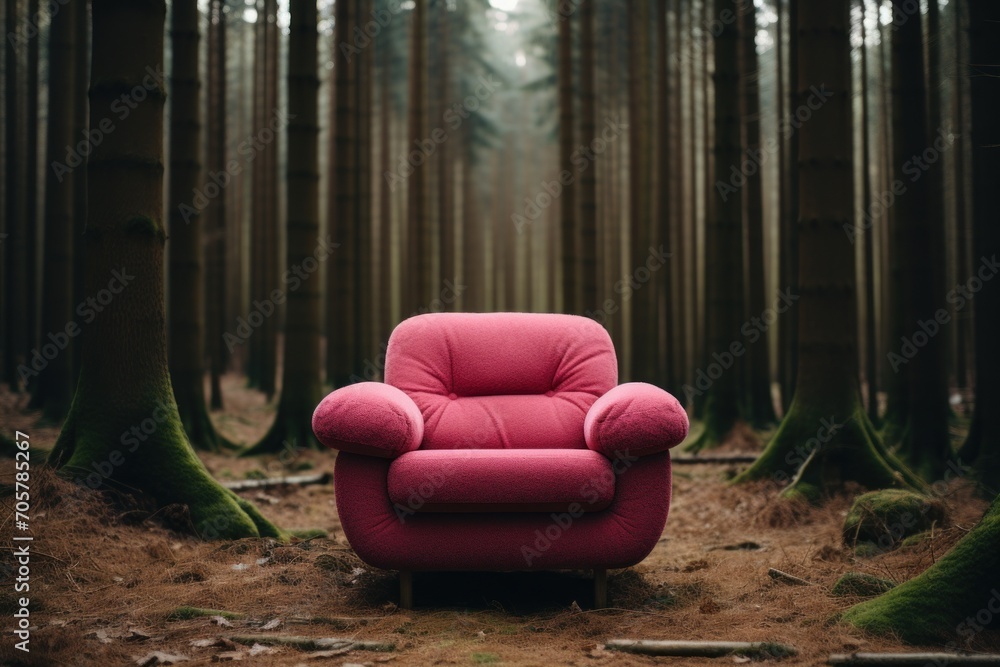 Poster  a red chair sitting in the middle of a forest with tall trees in the background and a red carpet on the ground in the middle of the middle of the floor.