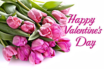 Happy Valentine´s day, bouquet of pink tulips on white